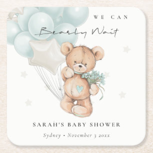 Dessous De Verre Carré Bleu mou Baby shower à ballon d'ours d'attente