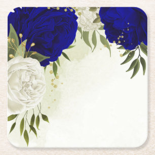 Dessous De Verre Carré bleu royal et fleurs blanches mariage