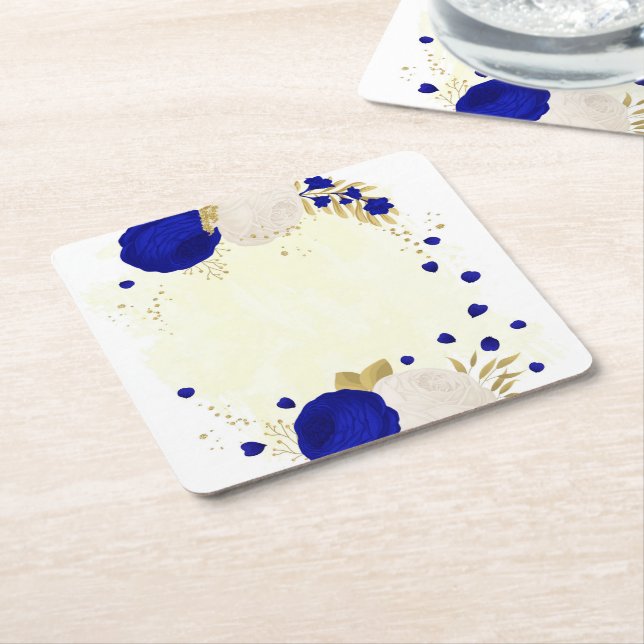 Dessous De Verre Carré bleu royal et fleurs blanches or (Incliné)