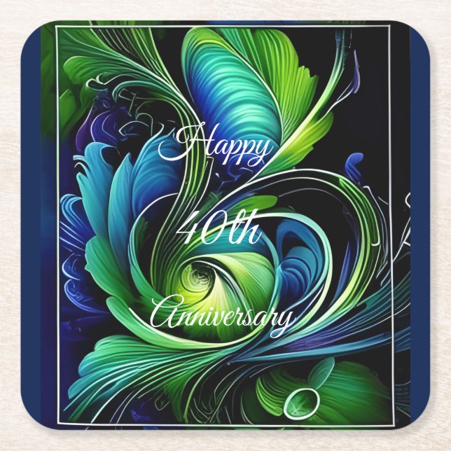 Dessous De Verre Carré Bleu vert feuille abstrait joyeux anniversaire (Devant)