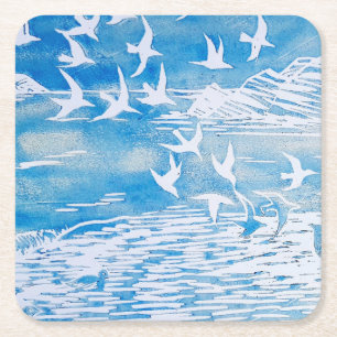 Dessous De Verre Carré Blue Coast Birds Moderne Aquarelle Art