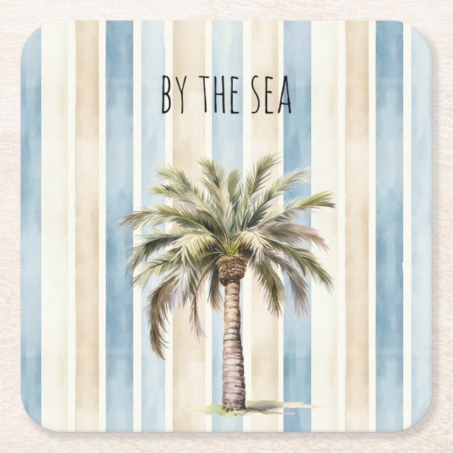 Dessous De Verre Carré Blue Cream Stripes Tropical Palm Tree (Devant)