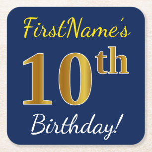 Dessous De Verre Carré Blue, Faux Gold 10e anniversaire + Nom personnalis