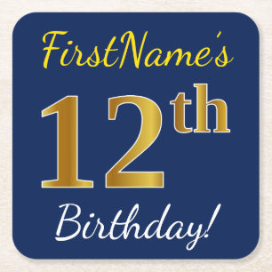 Dessous De Verre Carré Blue, Faux Gold 12e anniversaire + Nom personnalis