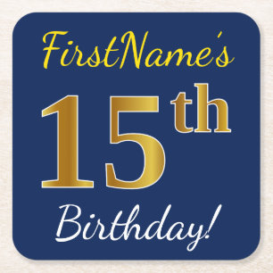 Dessous De Verre Carré Blue, Faux Gold 15e anniversaire + Nom personnalis