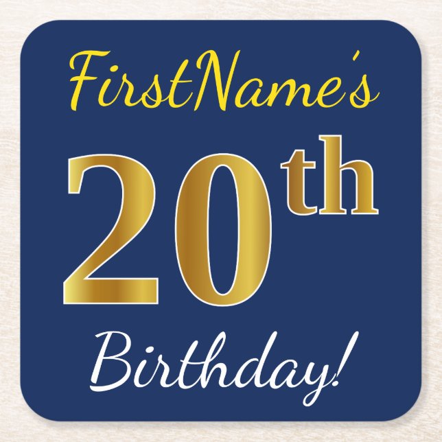 Dessous De Verre Carré Blue, Faux Gold 20e anniversaire + Nom personnalis (Devant)