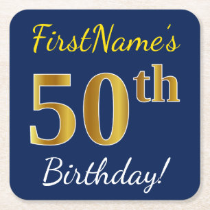 Dessous De Verre Carré Blue, Faux Gold 50e anniversaire + Nom personnalis
