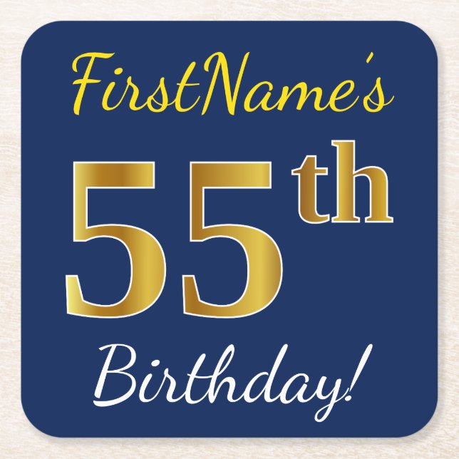 Dessous De Verre Carré Blue, Faux Gold 55e anniversaire + Nom personnalis (Devant)