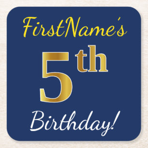 Dessous De Verre Carré Blue, Faux Gold 5e anniversaire + Nom personnalisé