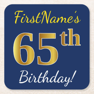 Dessous De Verre Carré Blue, Faux Gold 65e anniversaire + Nom personnalis