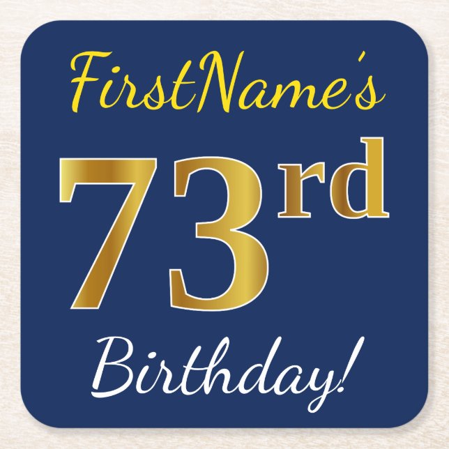 Dessous De Verre Carré Blue, Faux Gold 73e anniversaire + Nom personnalis (Devant)