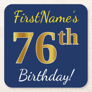 Dessous De Verre Carré Blue, Faux Gold 76e anniversaire + Nom personnalis