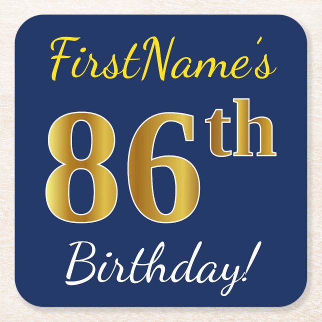 Dessous De Verre Carré Blue, Faux Gold 86e anniversaire + Nom personnalis (Devant)