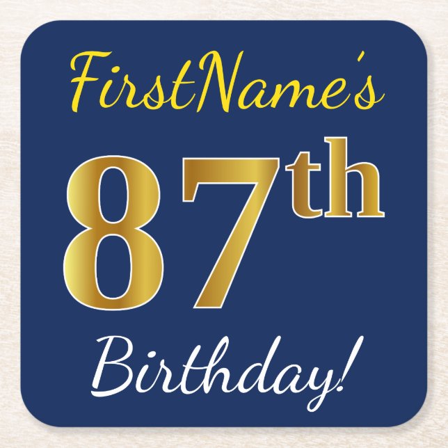 Dessous De Verre Carré Blue, Faux Gold 87e anniversaire + Nom personnalis (Devant)