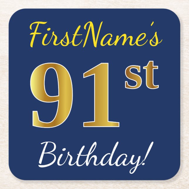 Dessous De Verre Carré Blue, Faux Gold 91e anniversaire + Nom personnalis (Devant)