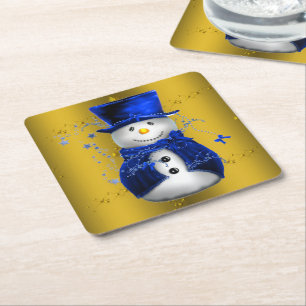 Dessous De Verre Carré Blue Snowman sur Gold Christmas