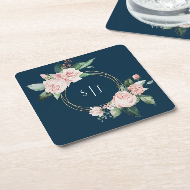 Dessous De Verre Carré Blush Floral Navy Mariage Monogramme (Incliné)