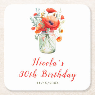 Dessous De Verre Carré Bocal Mason anniversaire Coquelicots Rouges
