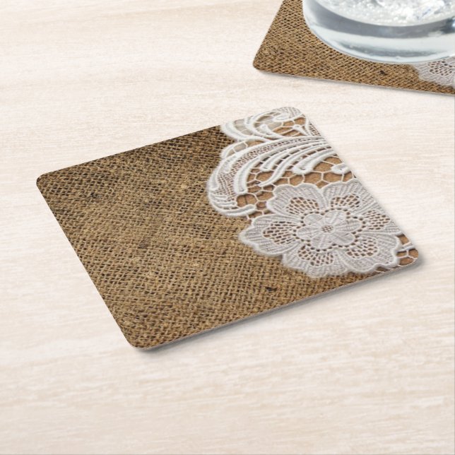 Dessous De Verre Carré bohème rustique pays occidental burlap et dentelle (Incliné)