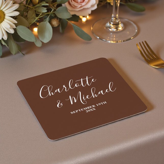 Dessous De Verre Carré Boho Brown Script Minimalist Wedding (Créateur téléchargé)