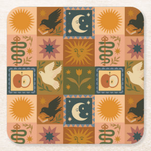 Dessous De Verre Carré Boho Celestial Soleil et lune rétro