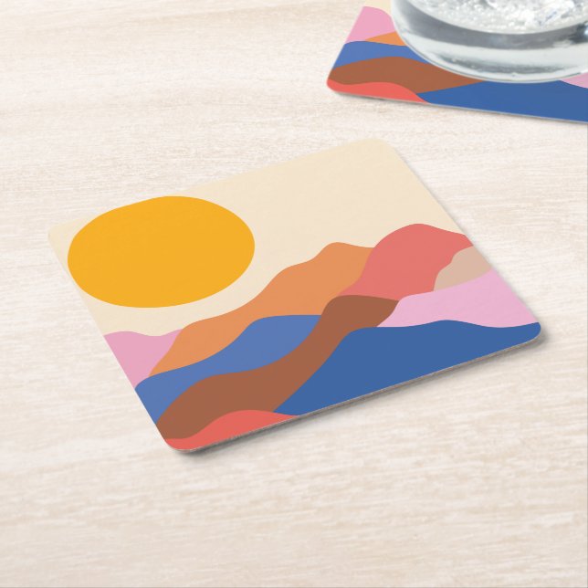 Dessous De Verre Carré Boho Esthétique Abstrait Paysage Montagnes Bleu (Incliné)
