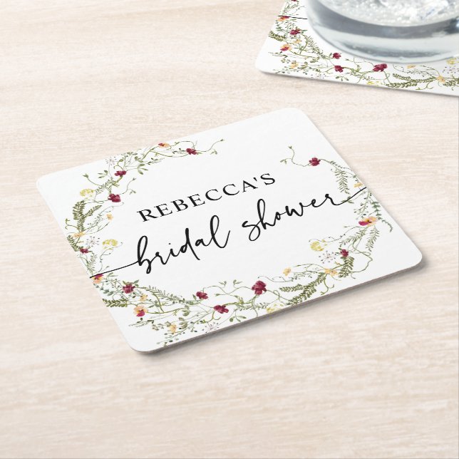 Dessous De Verre Carré Boho Fleur sauvage Fête des mariées verte (Incliné)