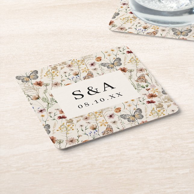 Dessous De Verre Carré Boho Floral Mariage (Tan Wildflower with Butterflies Boho Floral Wedding Square Paper Coaster by Painted Paperie
)