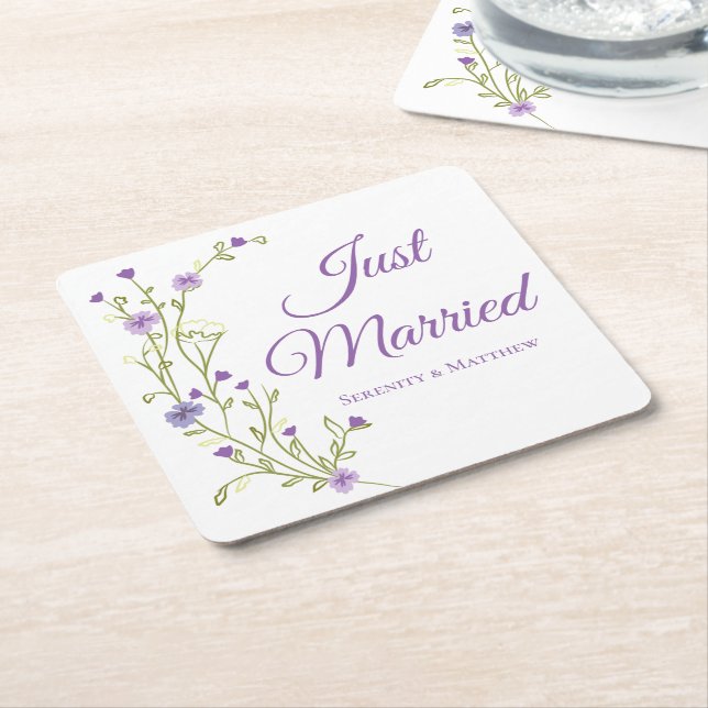 Dessous De Verre Carré Boho Floral Violet Fleur sauvage Juste Marié (Incliné)