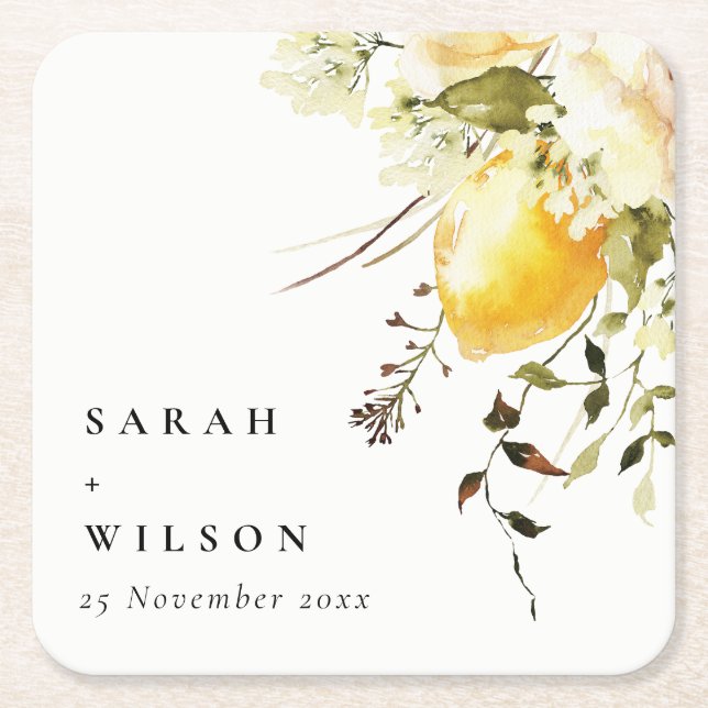 Dessous De Verre Carré Boho Lemon Aquarelle jaune Mariage floral (Devant)
