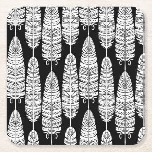 Dessous De Verre Carré Boho plumes : motif noir et blanc