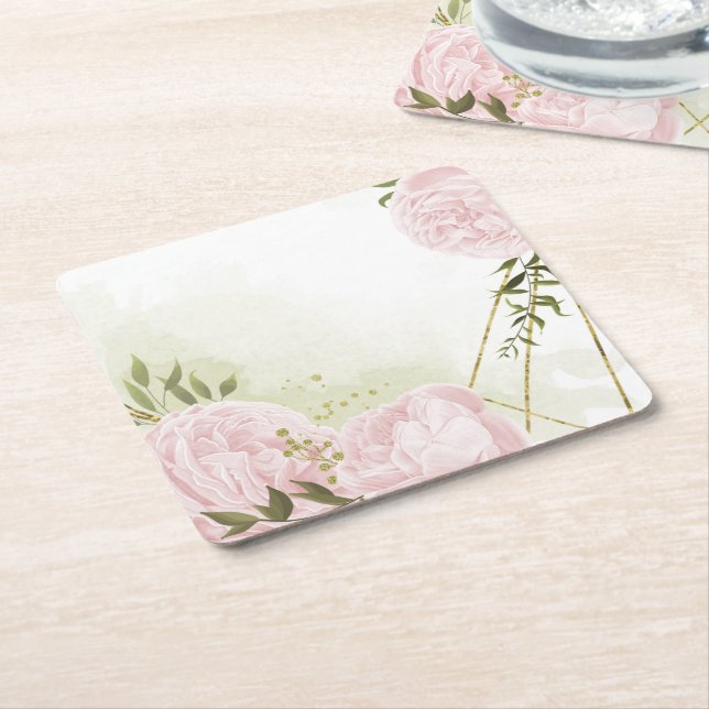 Dessous De Verre Carré Boho rose fleurs vert feuille botanique (Incliné)