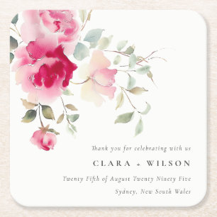 Dessous De Verre Carré Boho Rouge Rose Fleurs Mariage d'aquarelle