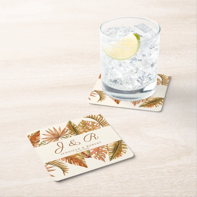Dessous De Verre Carré Boho Rustique Autumn Foliage Monogram Mariage (En situation)