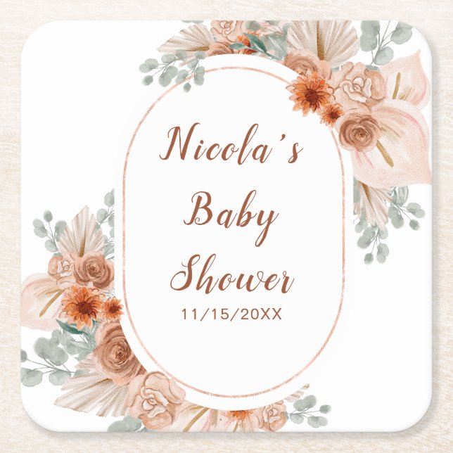 Dessous De Verre Carré Boho Terracotta Pampas Grass Baby Shower (Devant)