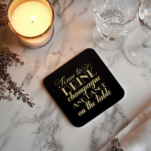 Dessous De Verre Carré Boire du Champagne et danser Mariage Black Gold