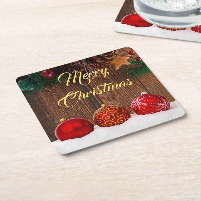 Dessous De Verre Carré Bois rustique et baies rouges Noël (Incliné)