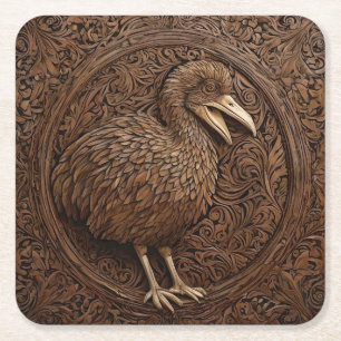 Dessous De Verre Carré Bois sculpté New Zealand Dodo Bird,