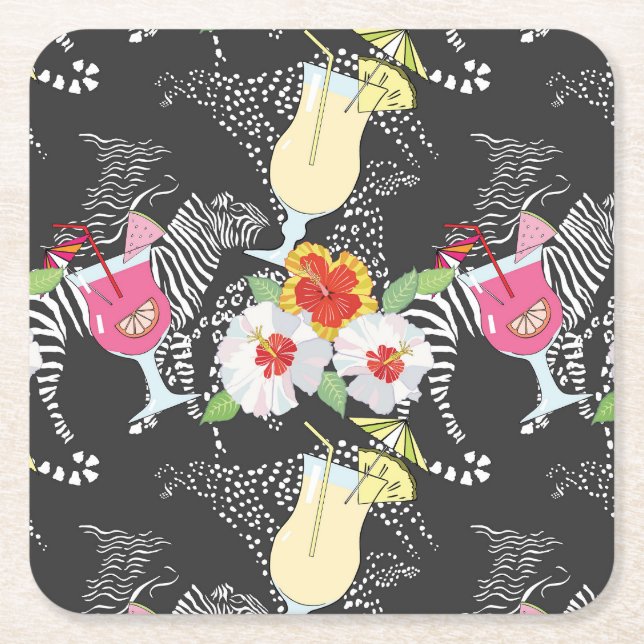 Dessous De Verre Carré Boissons Tropicales Avec Animaux (Devant)