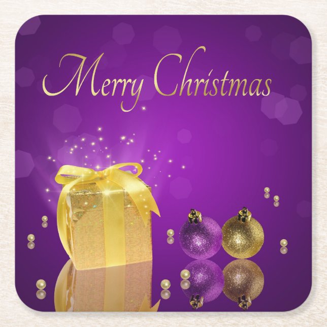 Dessous De Verre Carré Boîte cadeau de Noël doré (Devant)