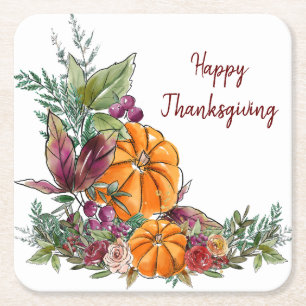Dessous De Verre Carré Bon thanksgiving aquarelle Citrouilles Automne