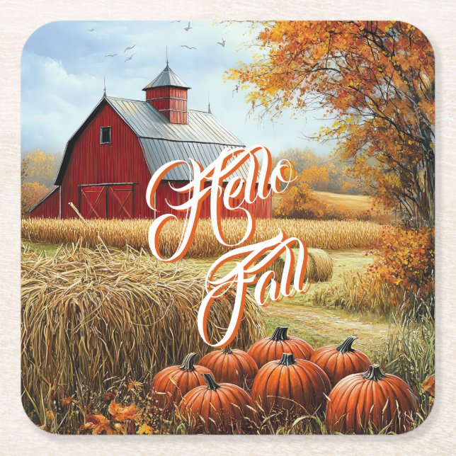 Dessous De Verre Carré Bonjour Automne Thanksgiving Rural Grange Citrouil (Devant)