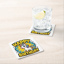 Dessous De Verre Carré Bonne licorne d'anniversaire