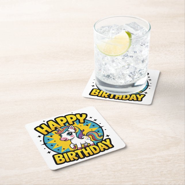 Dessous De Verre Carré Bonne licorne d'anniversaire (En situation)
