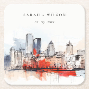 Dessous De Verre Carré Boston Massachusetts City Scape Mariage d'aquarell