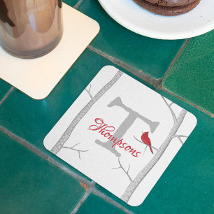 Dessous De Verre Carré Botanique Cardinal Rouge Arbre d'hiver Monogramme