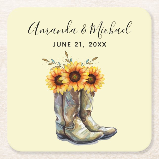 Dessous De Verre Carré Bottes rustiques Cowboy avec Mariage Sunflower (Devant)