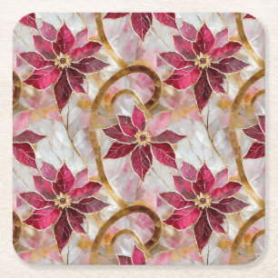 Dessous De Verre Carré Boucles d'or Bourgogne rose Poinsettias de Noël