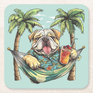 Dessous De Verre Carré Bouledogue Anglais en Haut Hawaïen