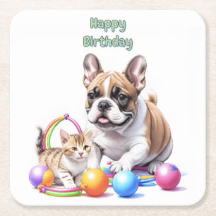 Dessous De Verre Carré Bouledogue français French Bulldog avec chat